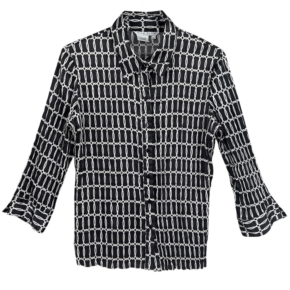 Fred David Womens Black White Chain Link 70s Look Stretch Button Up Blouse L